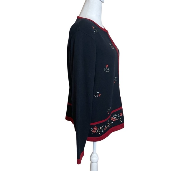 Alfred Dunner Black Red Floral Embroidered Button Front Cardigan Medium Grandma - Picture 4 of 12